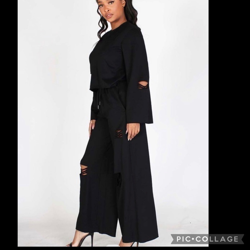 Black 2 Piece Slightly Distressed Pants & Top - Picture 5 of 5